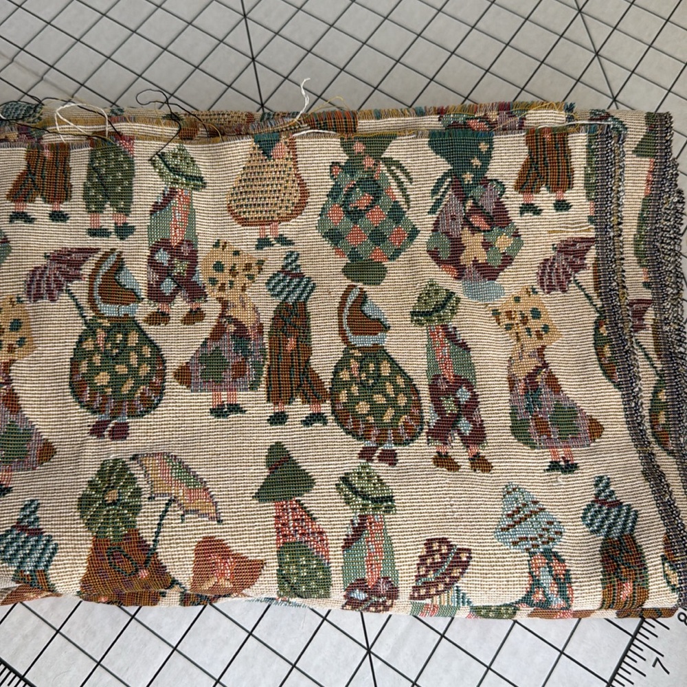 Vintage Tapestry Upholstery Fabric – Prairie Children Folk Art Motif, 2 Yards